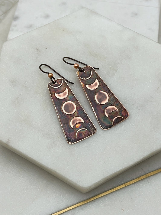 Acid etched copper moon phase earrings