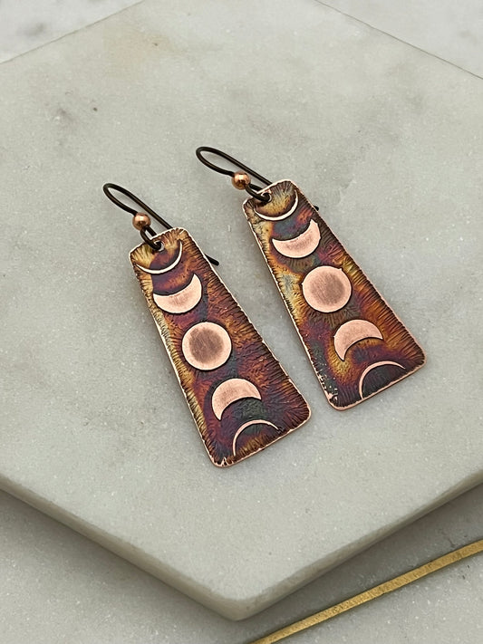 Acid etched copper moon phase earrings