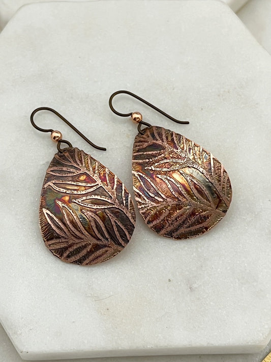 Acid etched copper medium teardrop earrings