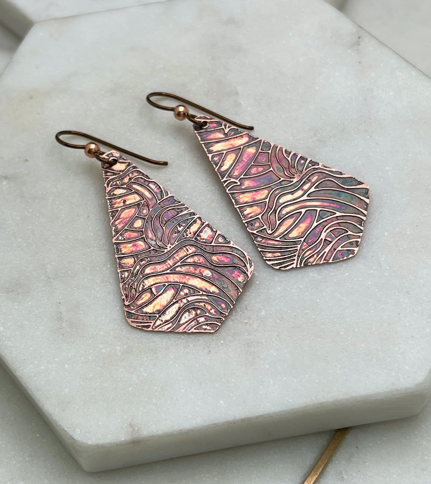 Acid etched copper earrings