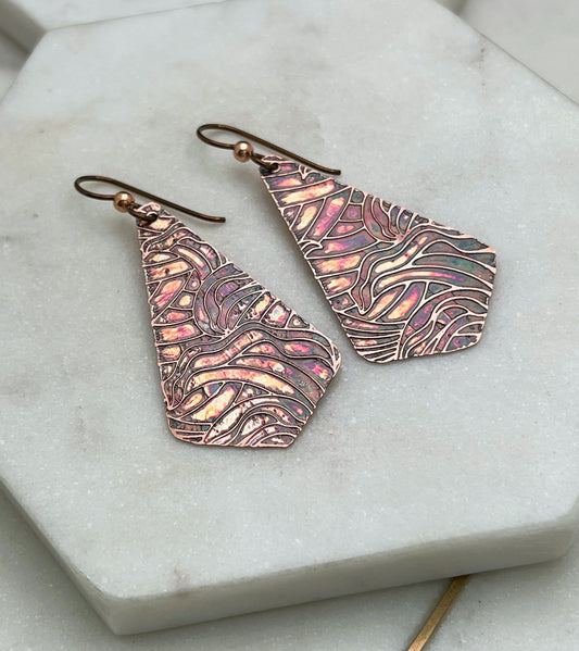 Acid etched copper earrings