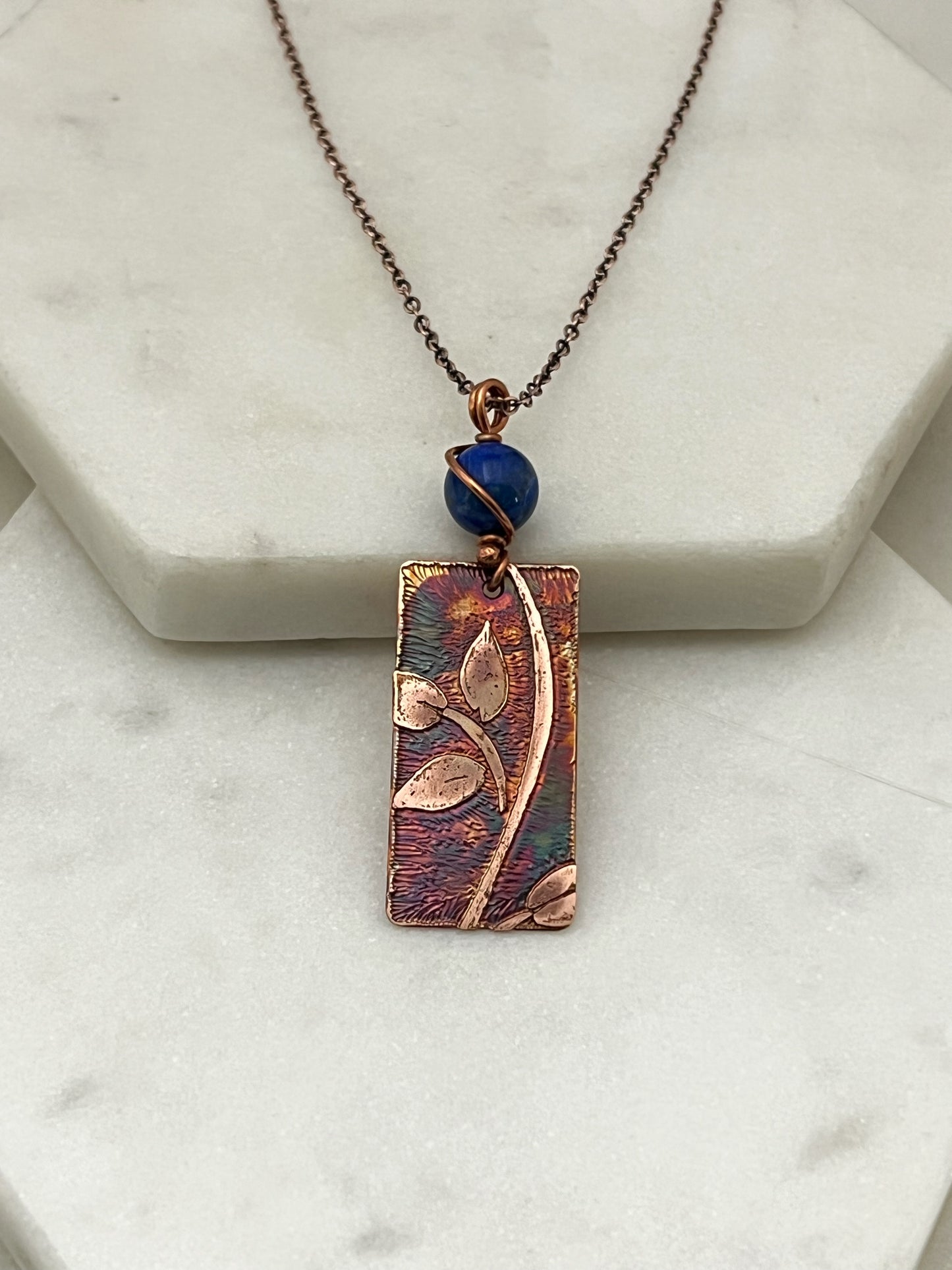 Acid etched copper leaf necklace with lapis gemstone