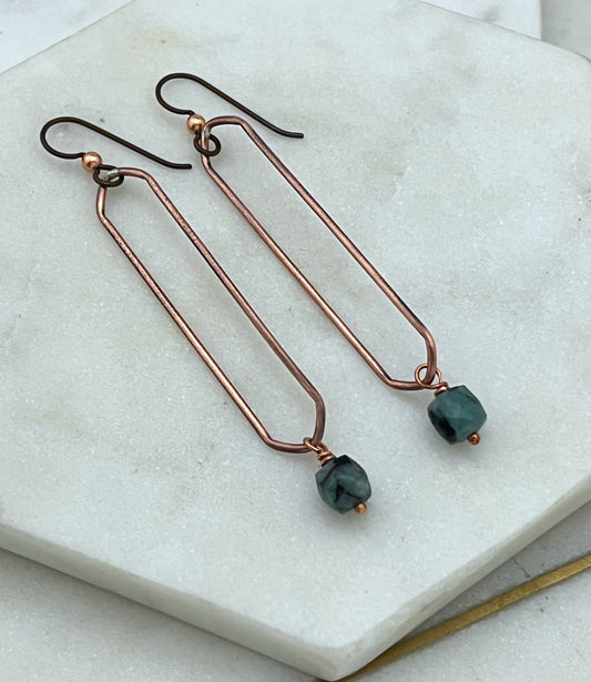 Copper oval hoops with emerald gemstones