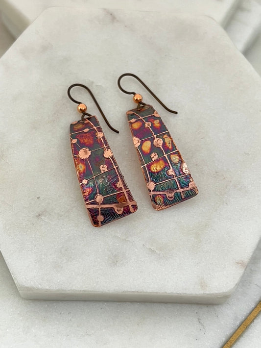 Acid etched copper irregular rectangle earrings