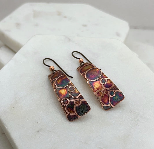 Acid etched copper irregular rectangle earrings