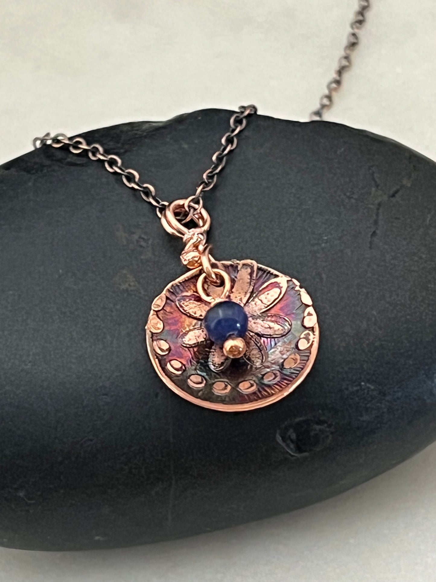 Acid etched copper necklace with lapis gemstone