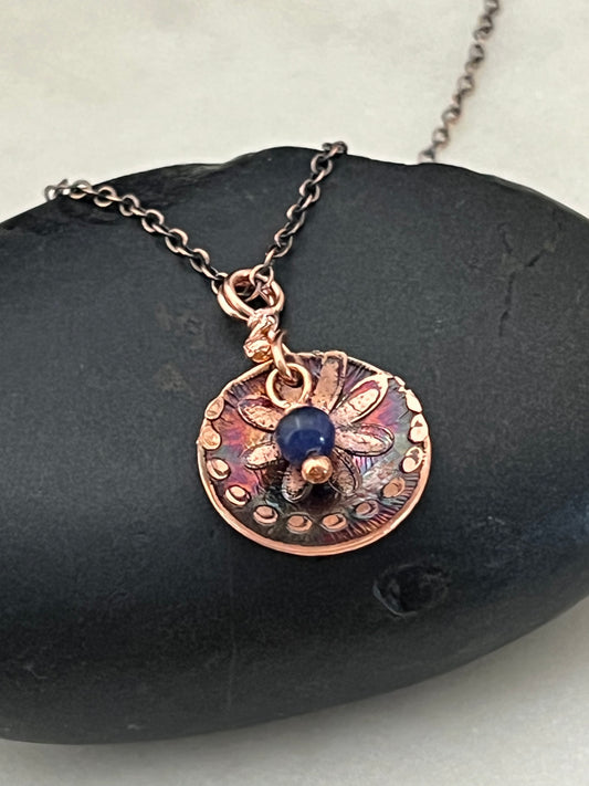 Acid etched copper necklace with lapis gemstone