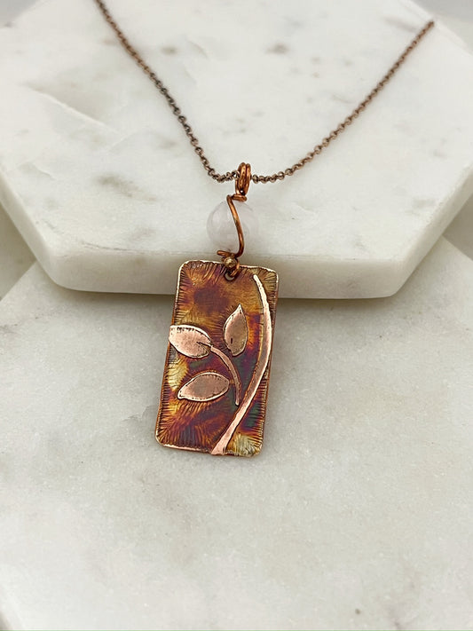 Acid etched copper leaf necklace with moonstone gemstone