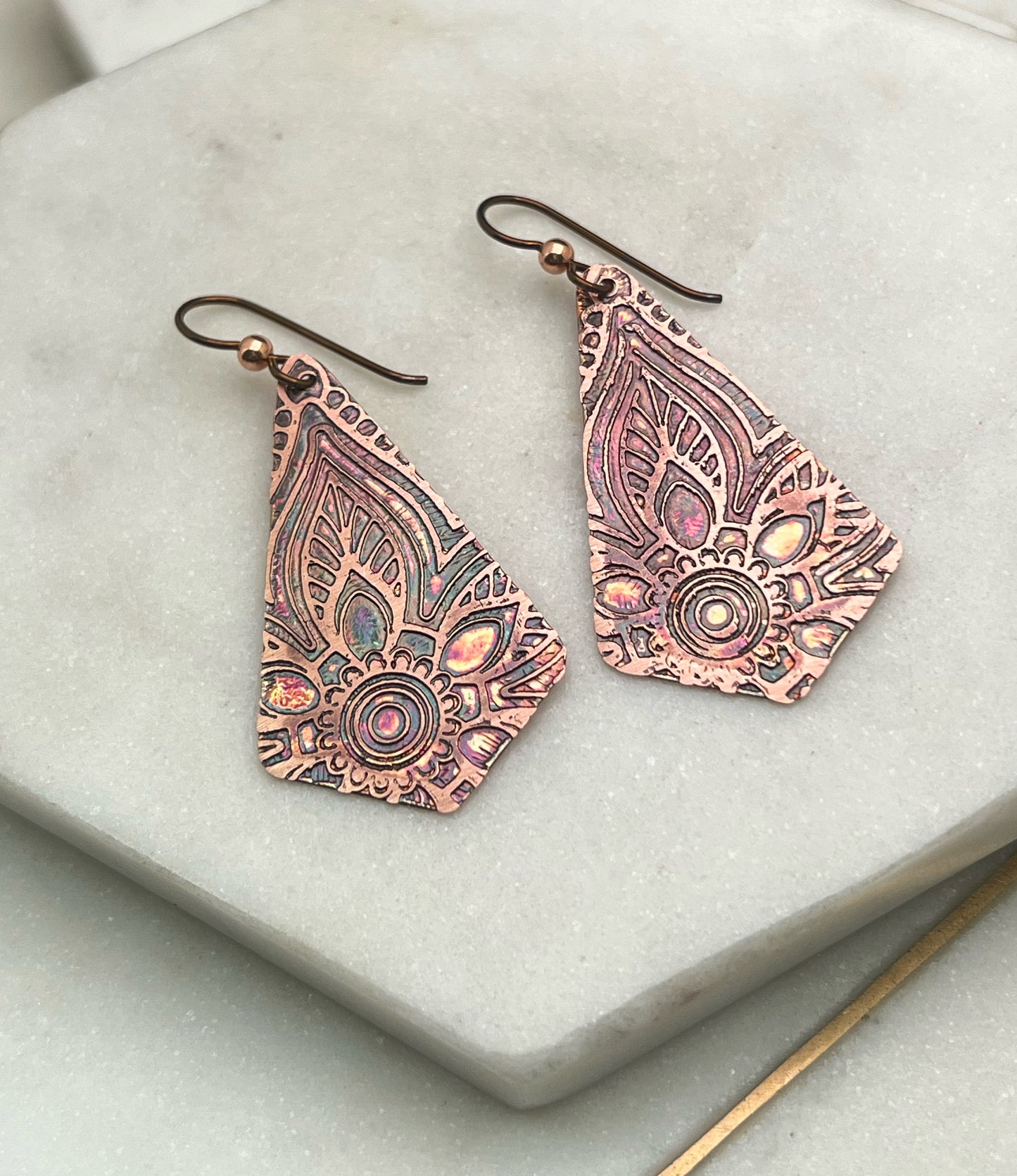 Acid etched copper earrings
