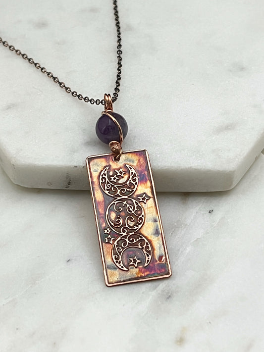 Acid etched copper moon necklace with amethyst gemstone