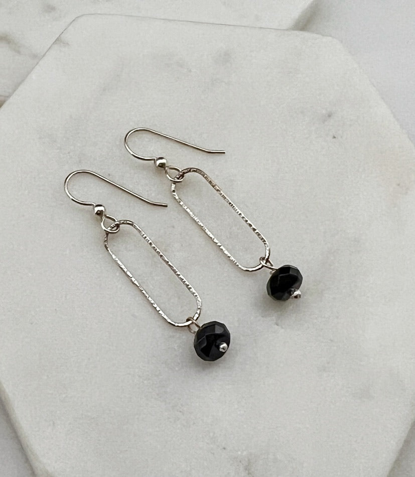 Sterling silver forged hoop with onyx gemstone earrings