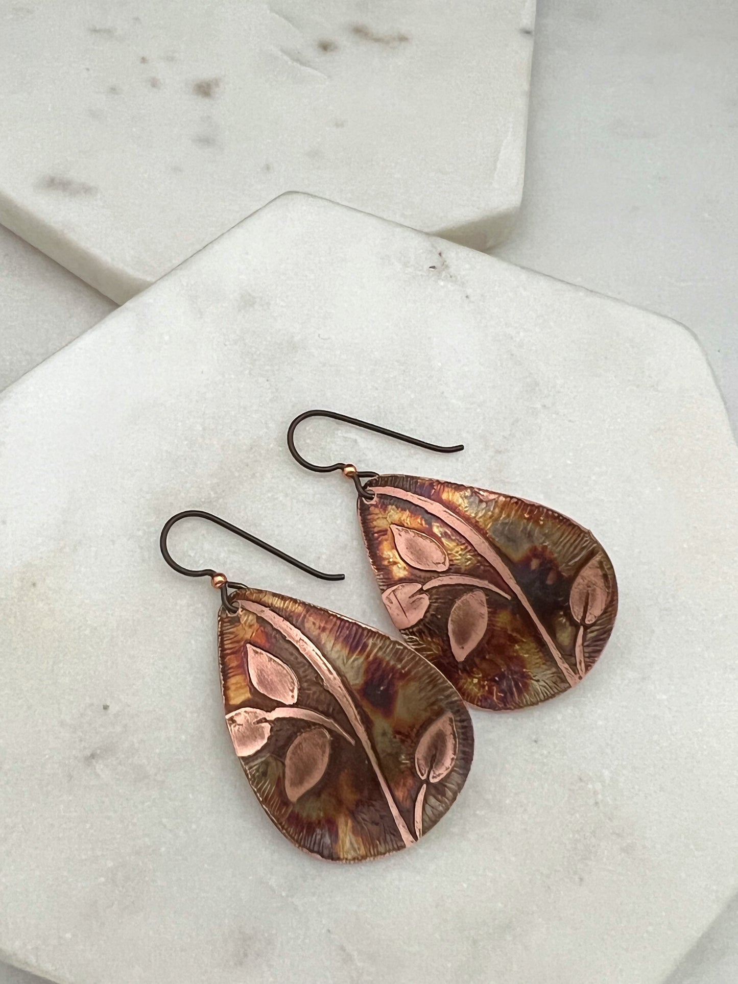 Acid etched copper medium teardrop earrings