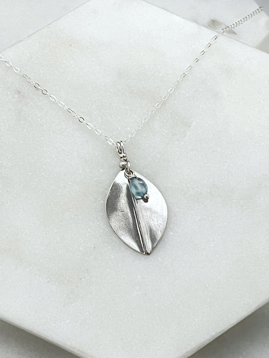 Forged sterling silver leaf necklace with apatite gemstone