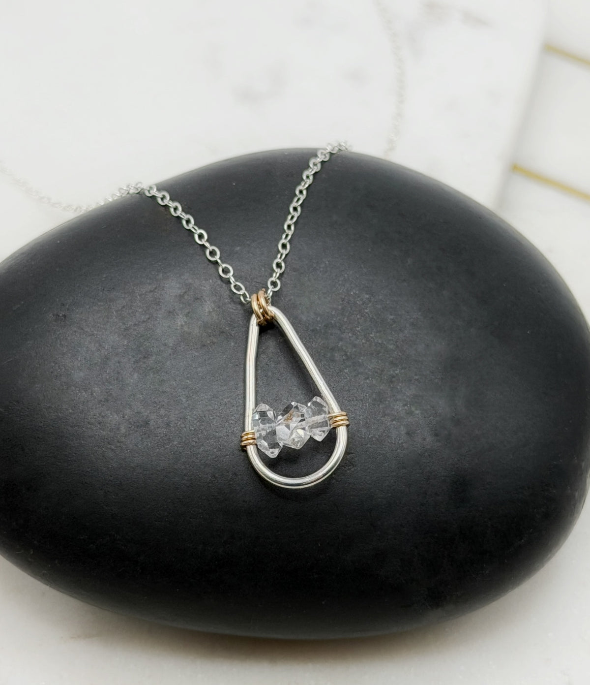 Handmade Sterling Silver Teardrop Necklace with 14k Gold and Herkimer Diamond