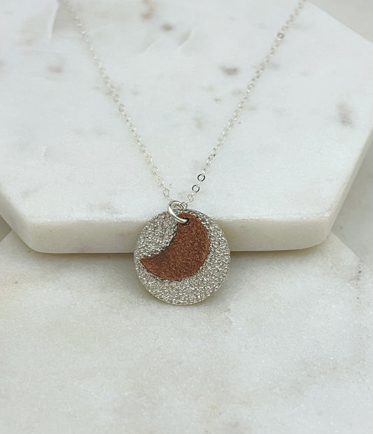 Mixed metal sterling silver and copper moon necklace