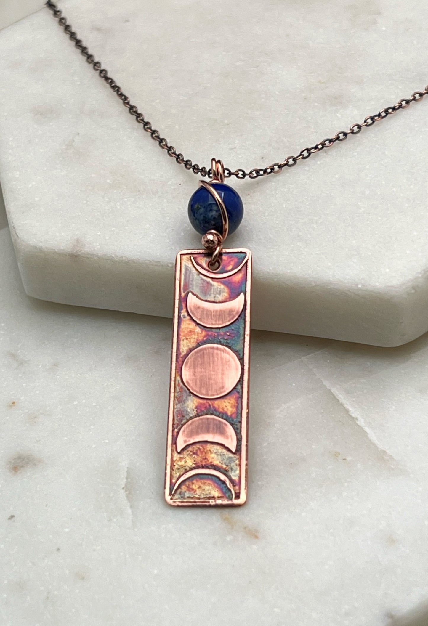 Moon phase acid etched copper necklace with Lapis gemstone
