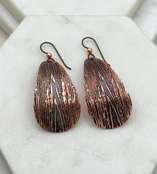 Large acid etched copper teardrop earrings