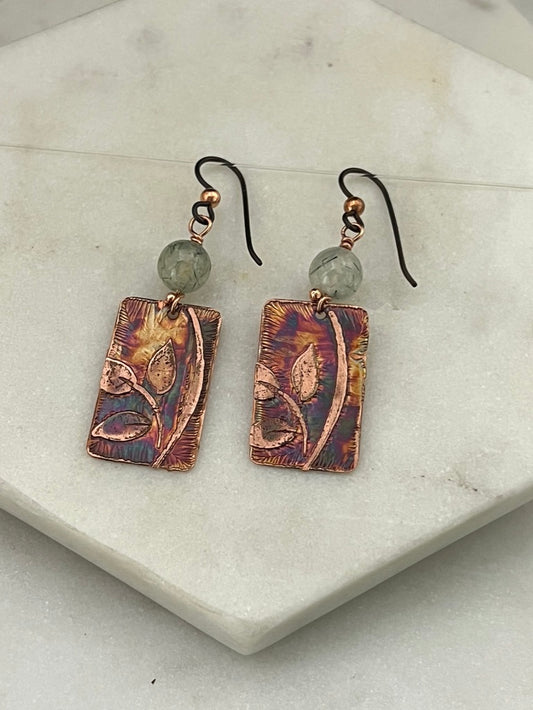 Acid etched copper earrings with prehnite gemstones