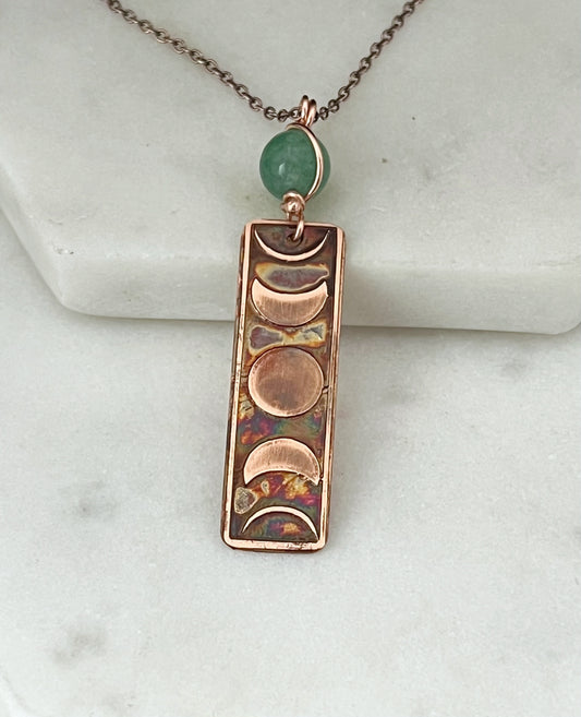 Moon phase acid etched copper necklace with aventurine gemstone