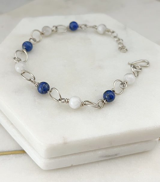 Sterling silver moonstone and lapis bracelet
