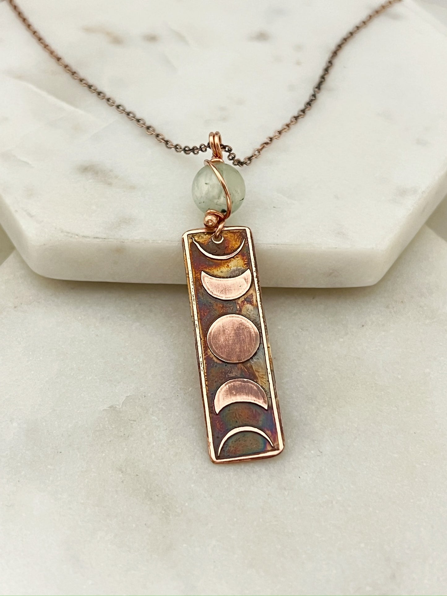Moon phase acid etched copper necklace with prehnite gemstone