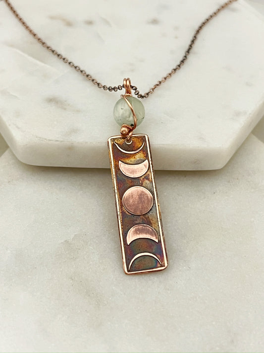 Moon phase acid etched copper necklace with prehnite gemstone