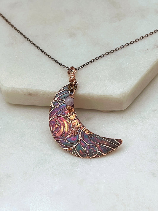 Acid etched copper crescent necklace with amethyst gemstone