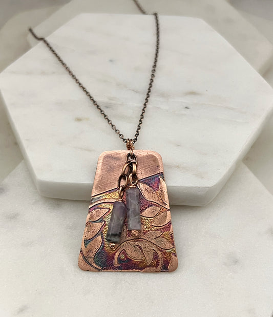 Acid etched copper necklace with amethyst gemstone