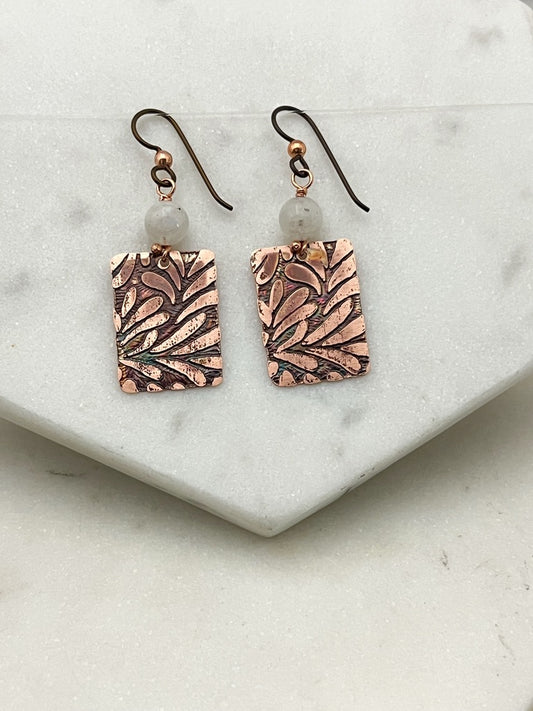 Acid etched copper earrings with moonstone gemstones