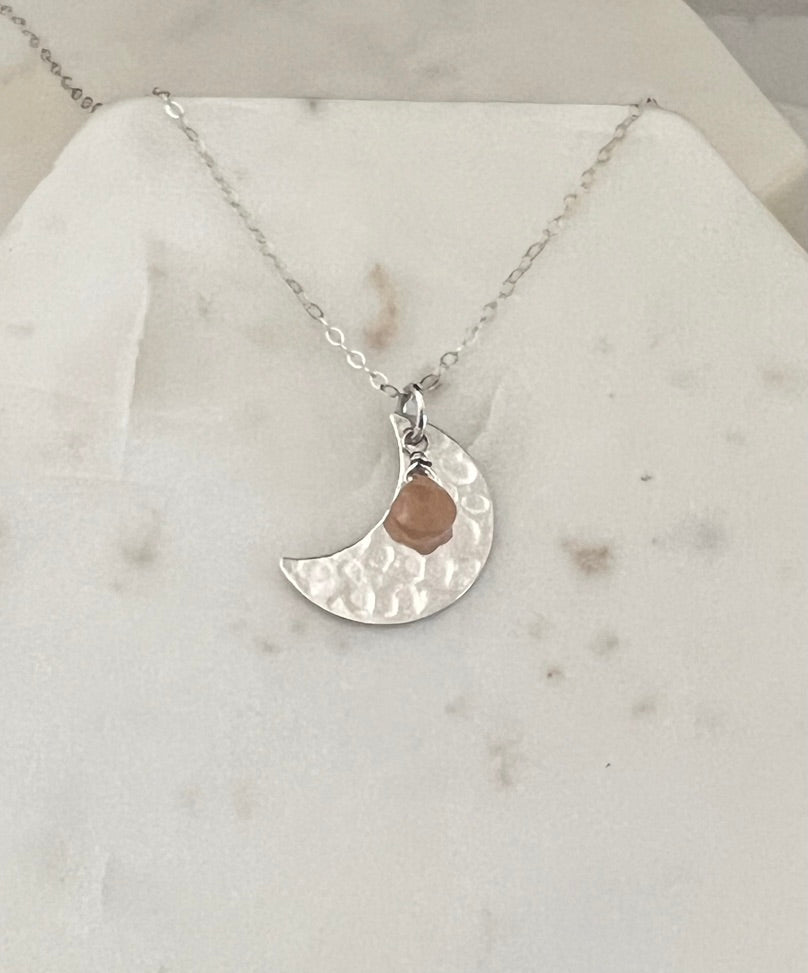 Sterling silver crescent moon necklace with peach moonstone