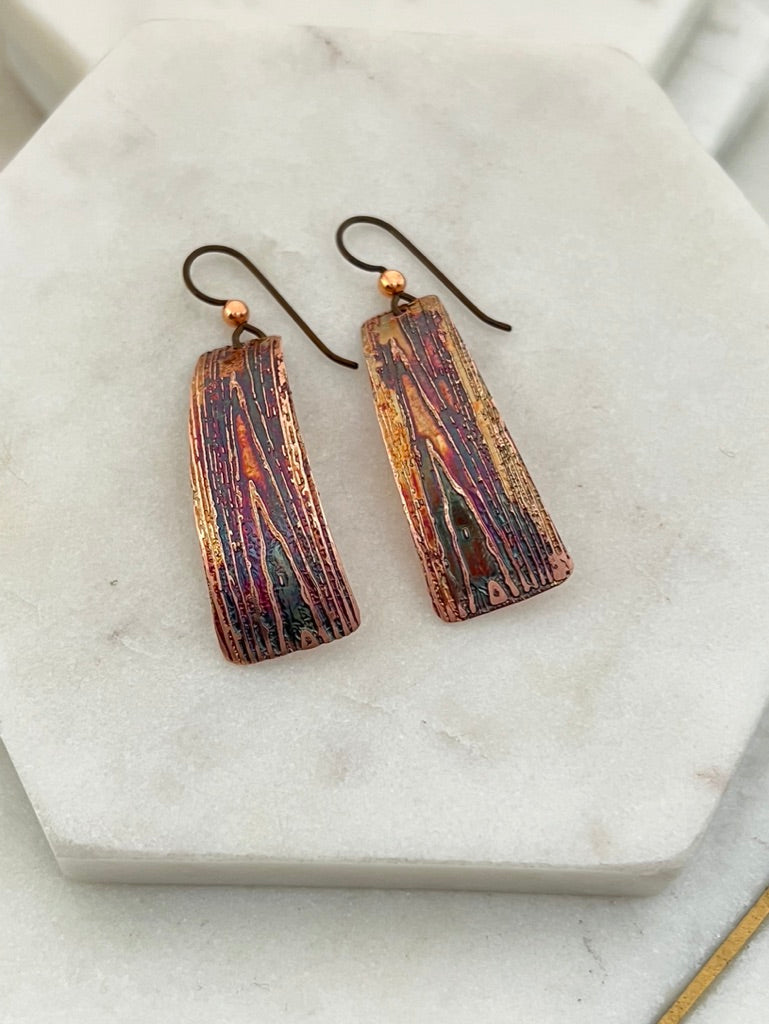 Acid etched copper irregular rectangle earrings