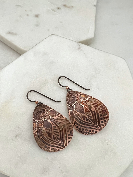 Acid etched copper medium teardrop earrings
