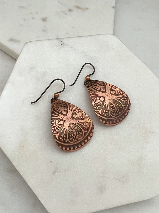 Acid etched copper medium teardrop earrings