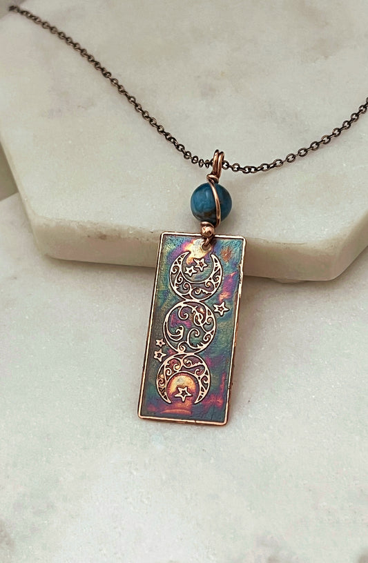 Acid etched copper moon necklace with apatite gemstone