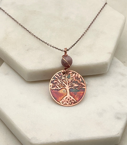Copper and lepidolite rooted tree necklace
