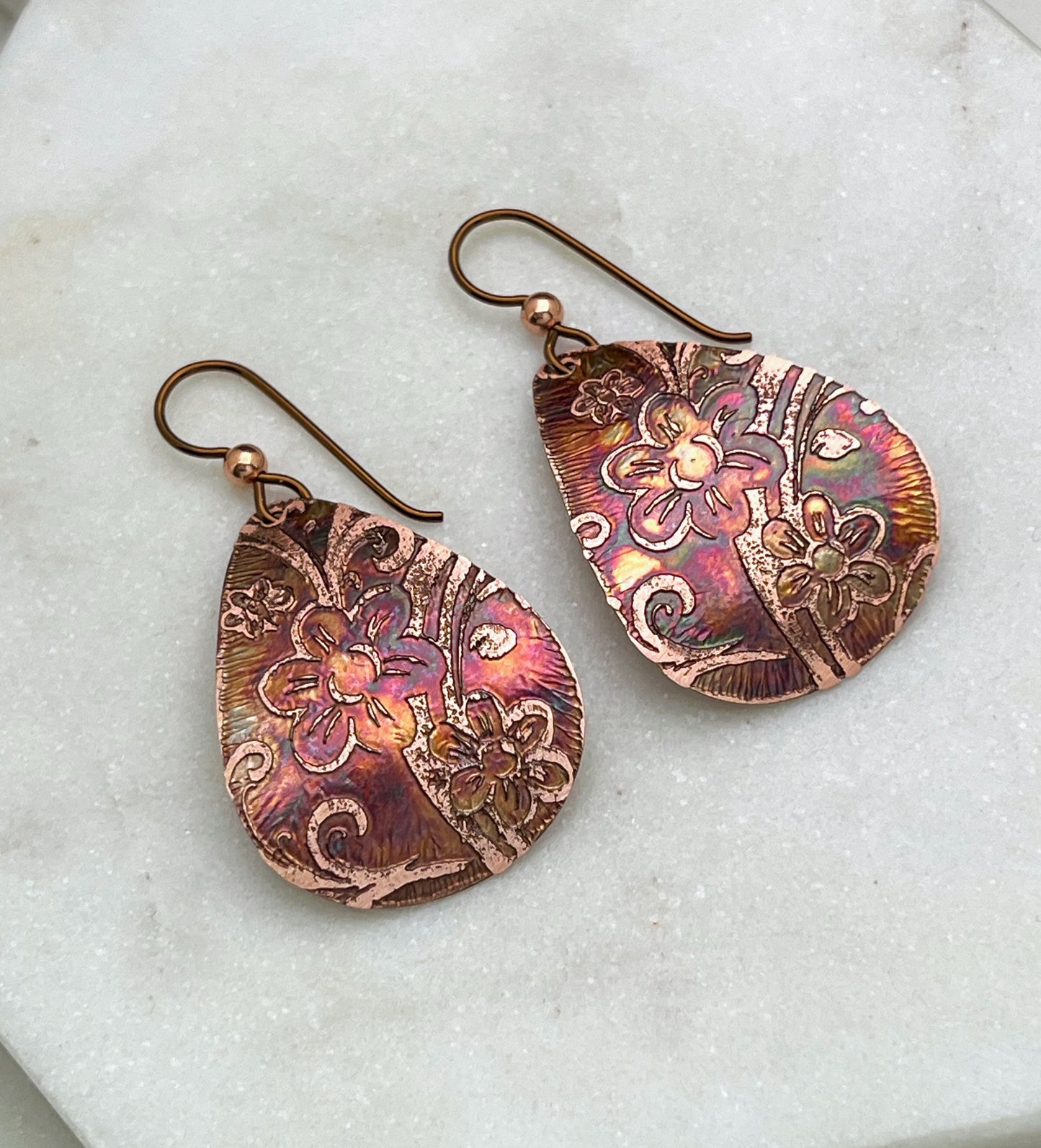Acid etched copper medium teardrop earrings