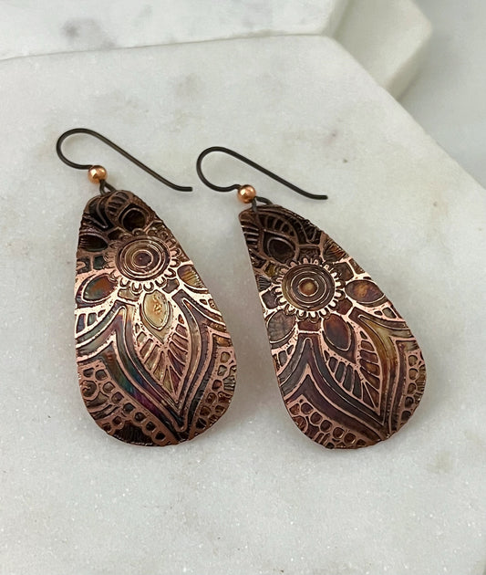 Large acid etched copper teardrop earrings