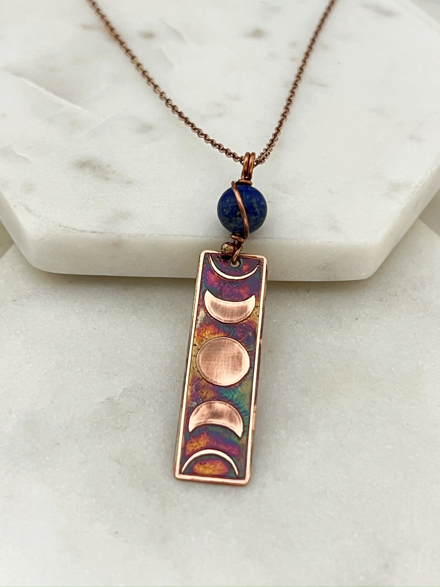Moon phase acid etched copper necklace with lapis gemstone