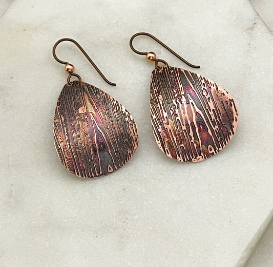 Acid etched copper medium teardrop earrings