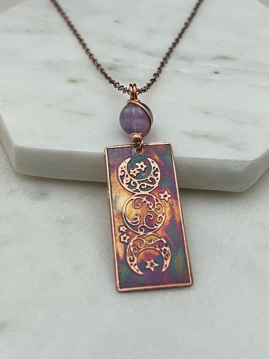 Acid etched copper moon necklace with amethyst