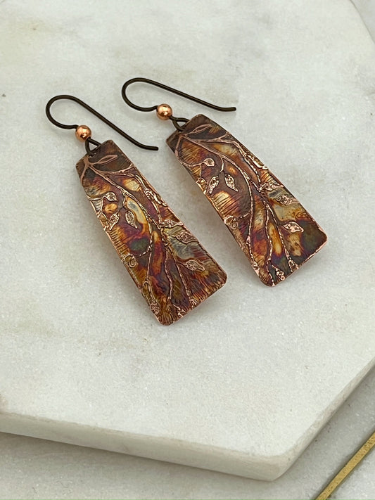 Acid etched copper irregular rectangle earrings