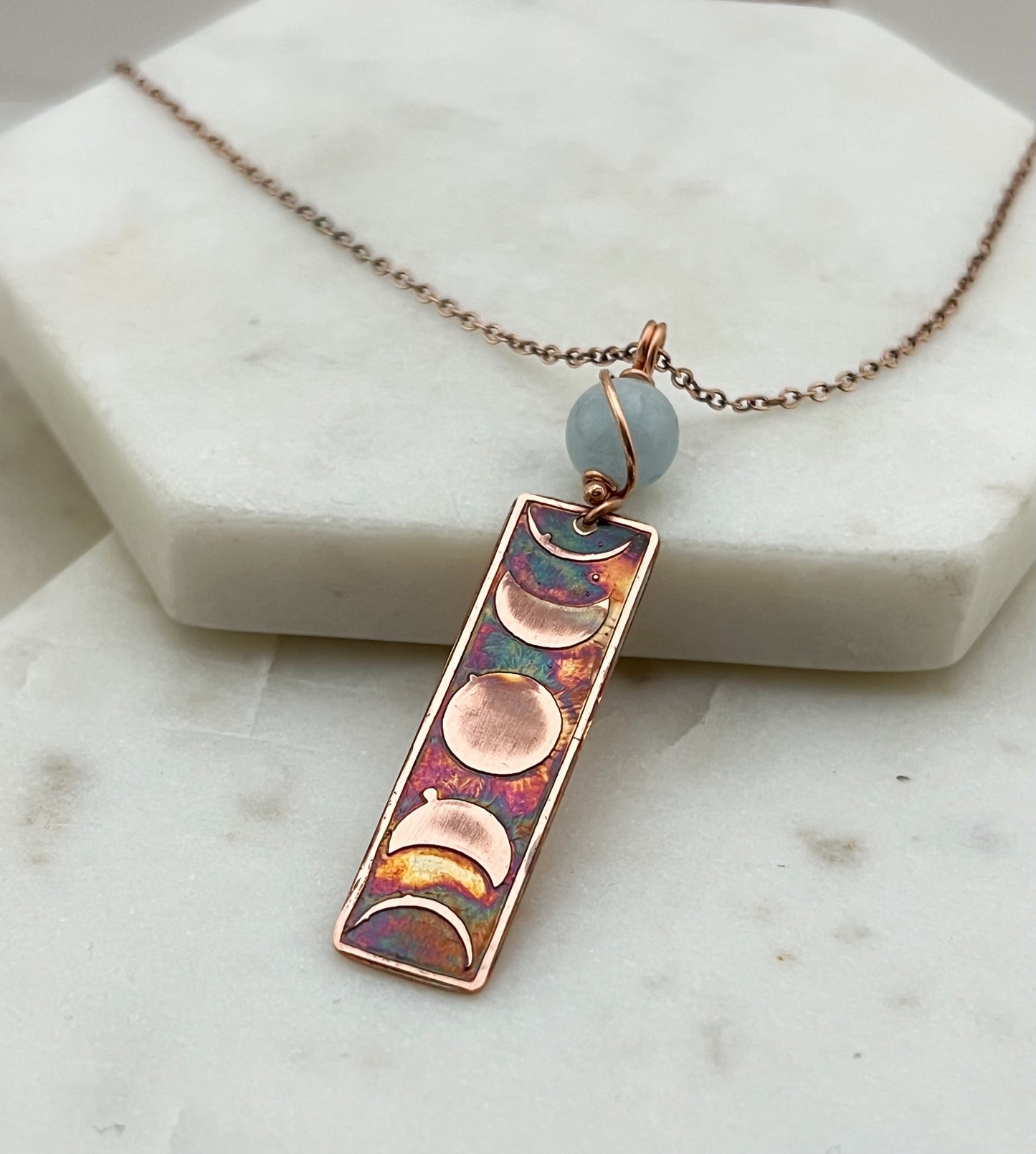 Moon phase acid etched copper necklace with aquamarine gemstone