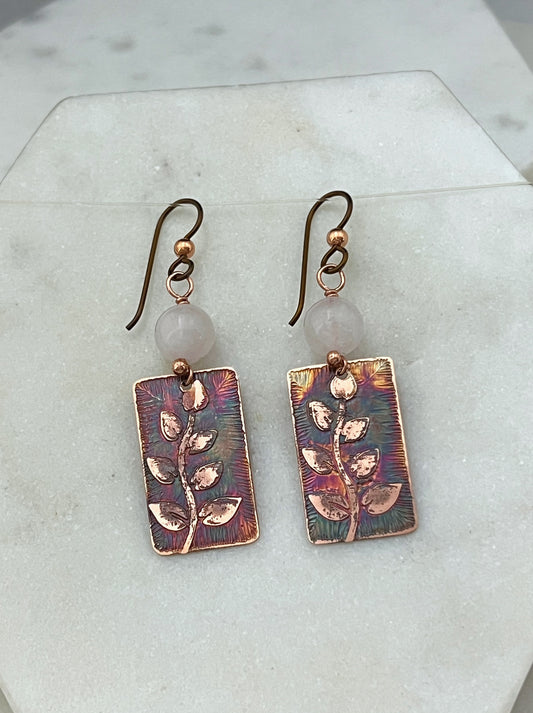 Acid etched copper earrings with rose quartz gemstones