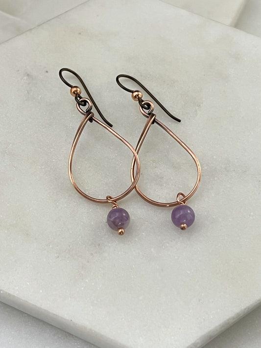 Copper teardrop hoop earrings with amethyst