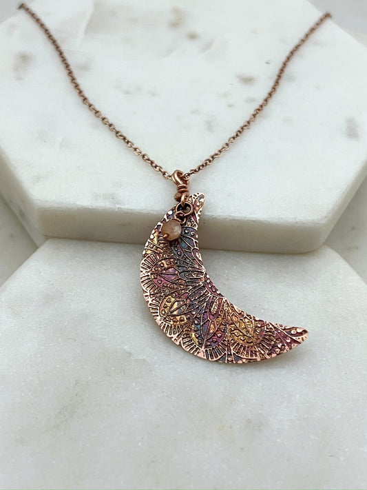 Acid etched copper crescent necklace with pink moonstone gemstone