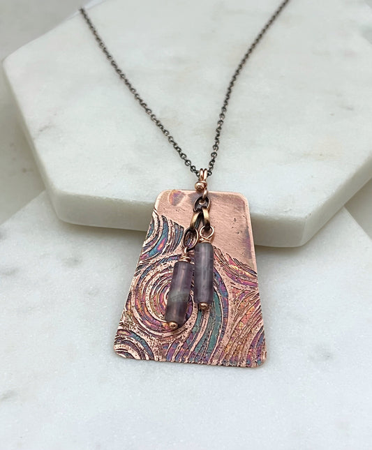 Acid etched copper necklace with amethyst gemstone