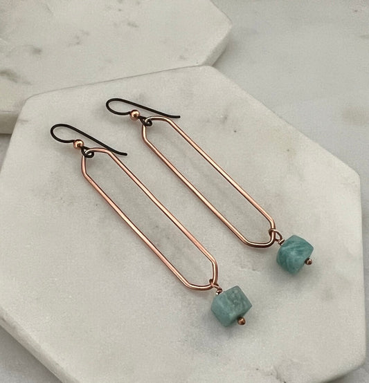 Copper oval hoops with amazonite gemstones