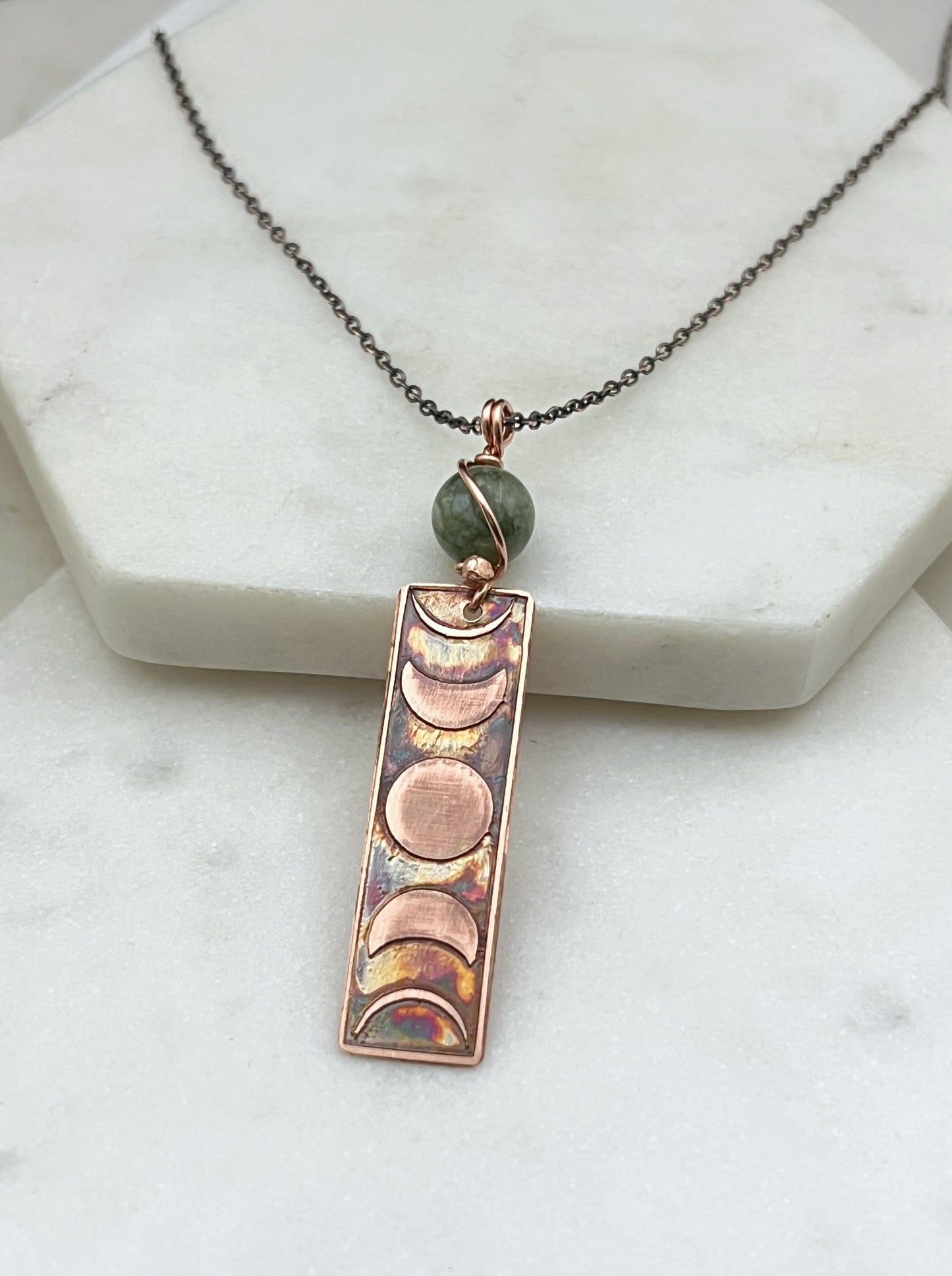 Moon phase acid etched copper necklace with Jade gemstone