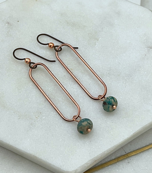 Copper oval hoops with serpentine jasper gemstones