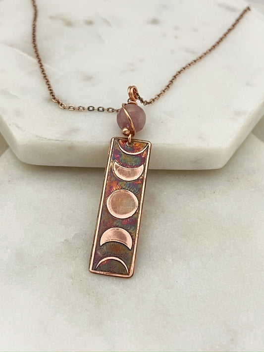 Moon phase acid etched copper necklace with lepidolite gemstone